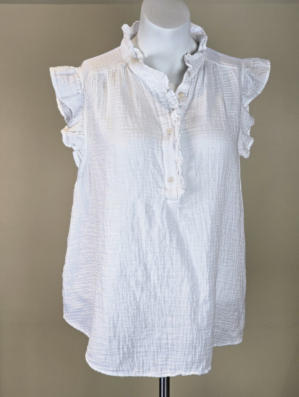Sz L Cotton. White Flutter-Sleeve Muslin Cotton Gauze Ruffle Blouse Relaxed Fit